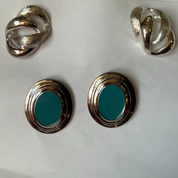 Napier Jewelry - Two pair of earrings; Silver toned entwined circles & teal oval with silver tone